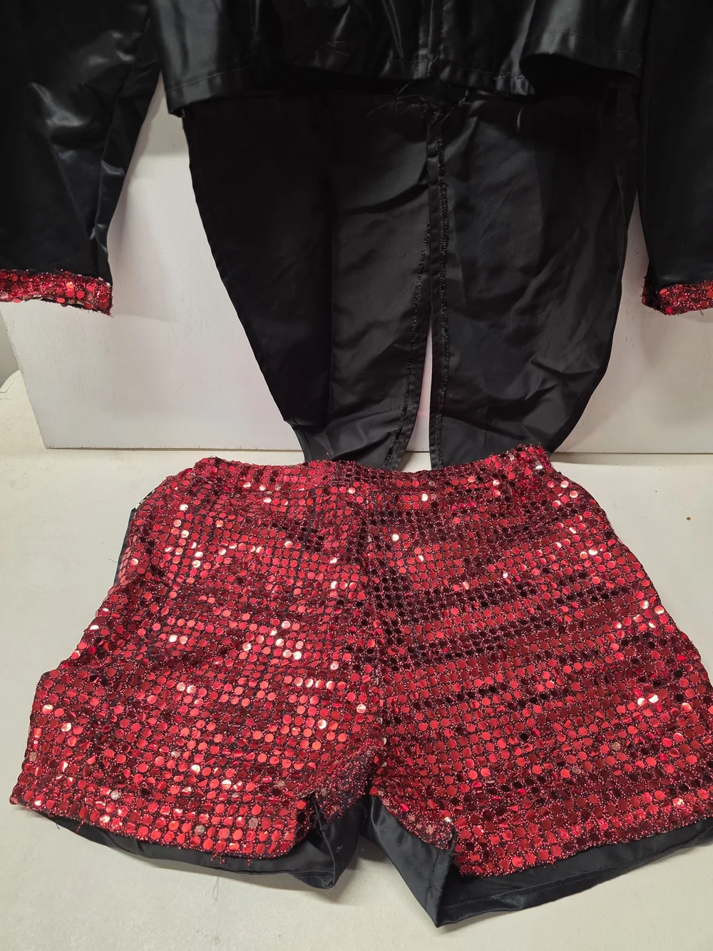 Vintage Style 70s Disco Showman Costume Red Sequin Shorts Black Tailcoat Adult